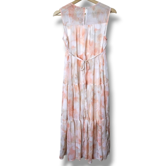 Calvin Klein Peach Floral Chiffon Midi Dress Soft Girl Tie Waist Tiered Size 2 - Picture 3 of 12